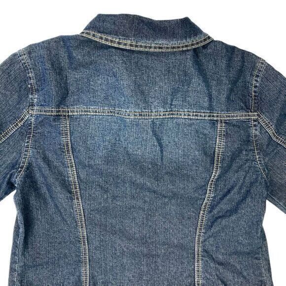 Baccini Denim Jacket Womens Size Medium Blue Dark Washed Embellished Button Up - Picture 8 of 16